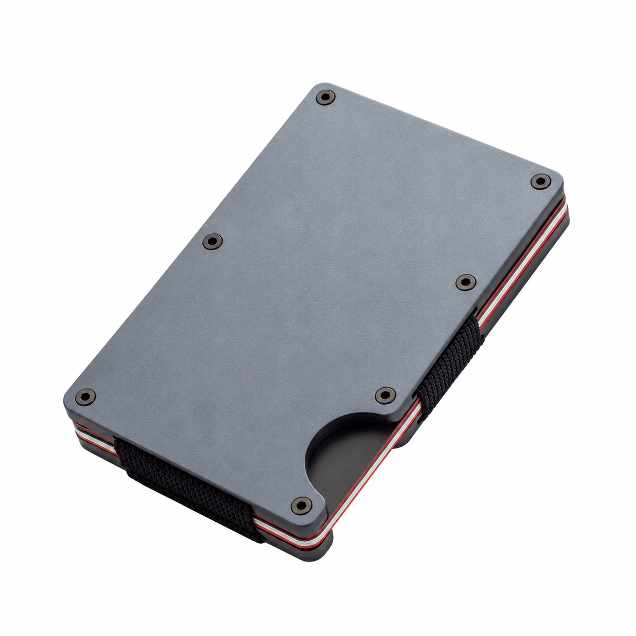 Grey metal card wallet with screws and an elastic band.